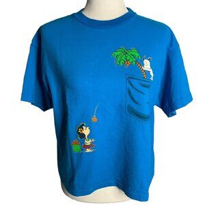 Vintage 90s Peanuts Snoopy Cropped T Shirt M Blue Short Sleeve Crewneck Lucy